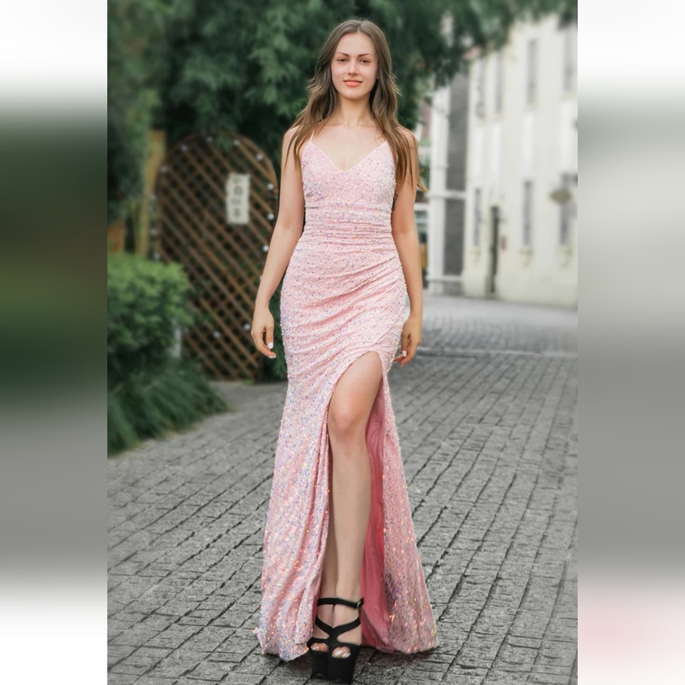 Pink sequin long prom dress Size Small Adjustable tie in back